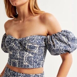 Abercrombie and Fitch Blue and White Off-Shoulder Top